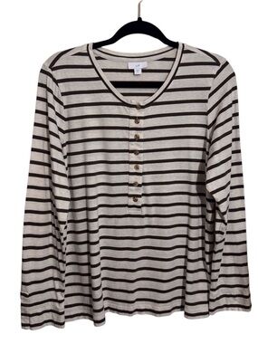 J. Jill Medium Green White Stripe Popover Knit Top Long Sleeve Casual Stretch